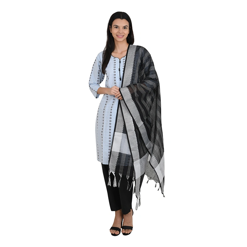 Female model in light blue kurta with grey checkered dupatta and black pants - ethnic wear ecommerce photography by Lohar Studio Delhi